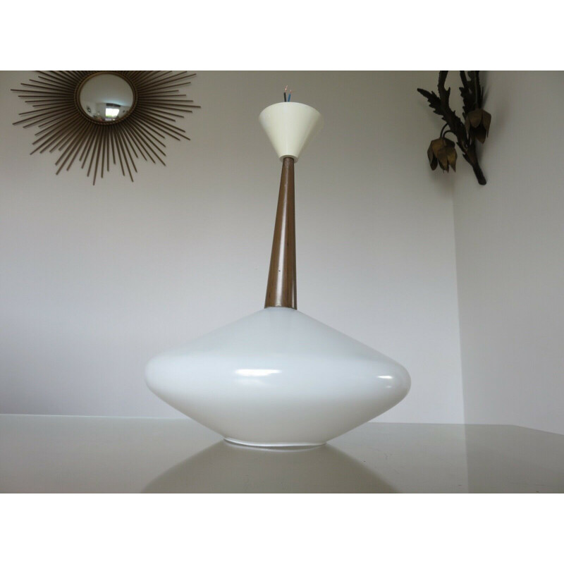 Scandinavian vintage white opaline vintage pendant lamp, 1960