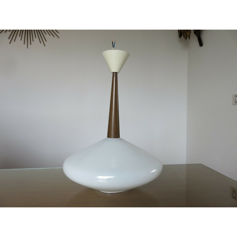 Scandinavian vintage white opaline vintage pendant lamp, 1960