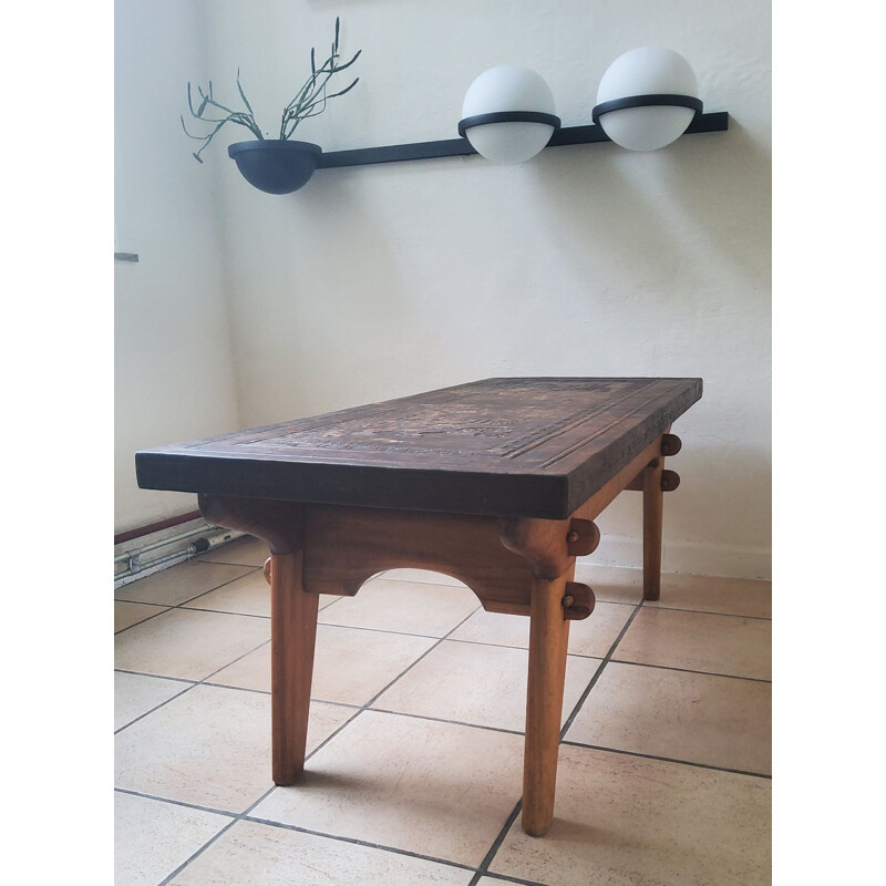 Vintage leather and wood coffee table by Angel Pazmino for Muebles de Estilo, 1960