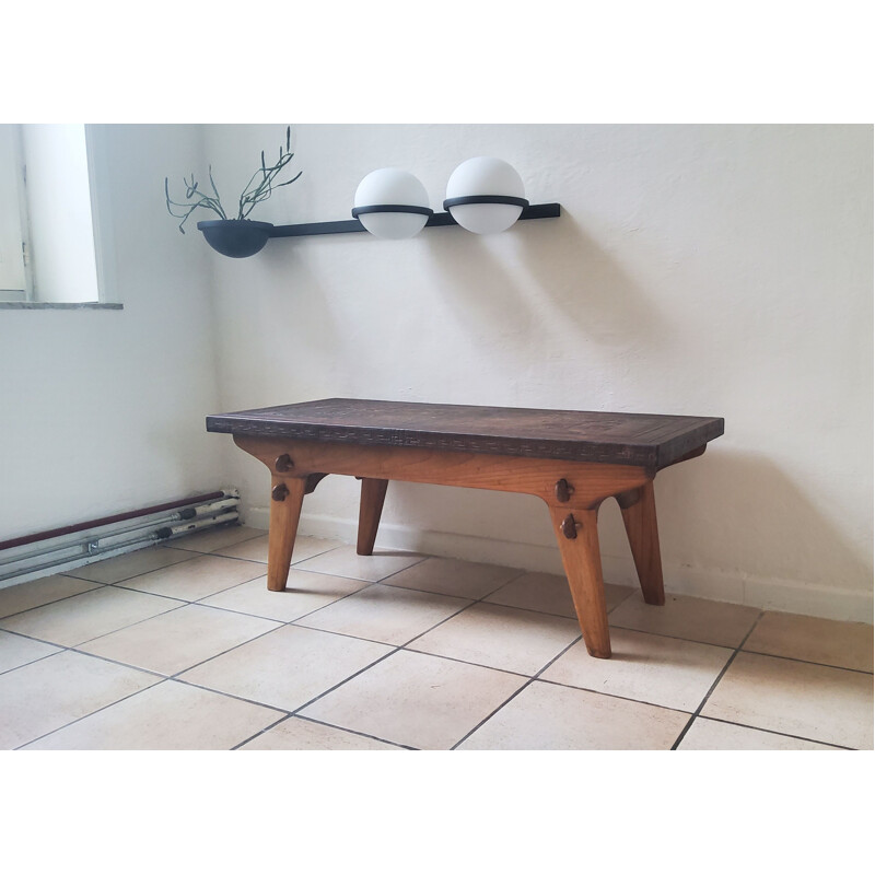 Vintage leather and wood coffee table by Angel Pazmino for Muebles de Estilo, 1960