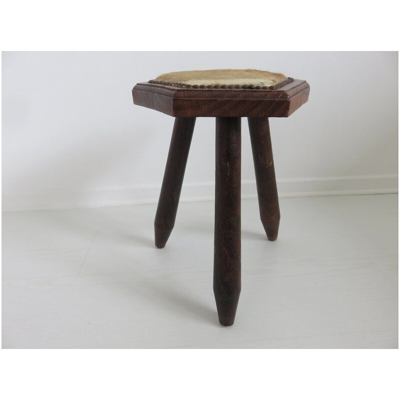 Tabouret tripode vintage en peau de vache, 1960