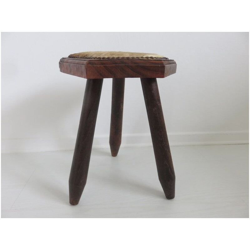 Tabouret tripode vintage en peau de vache, 1960