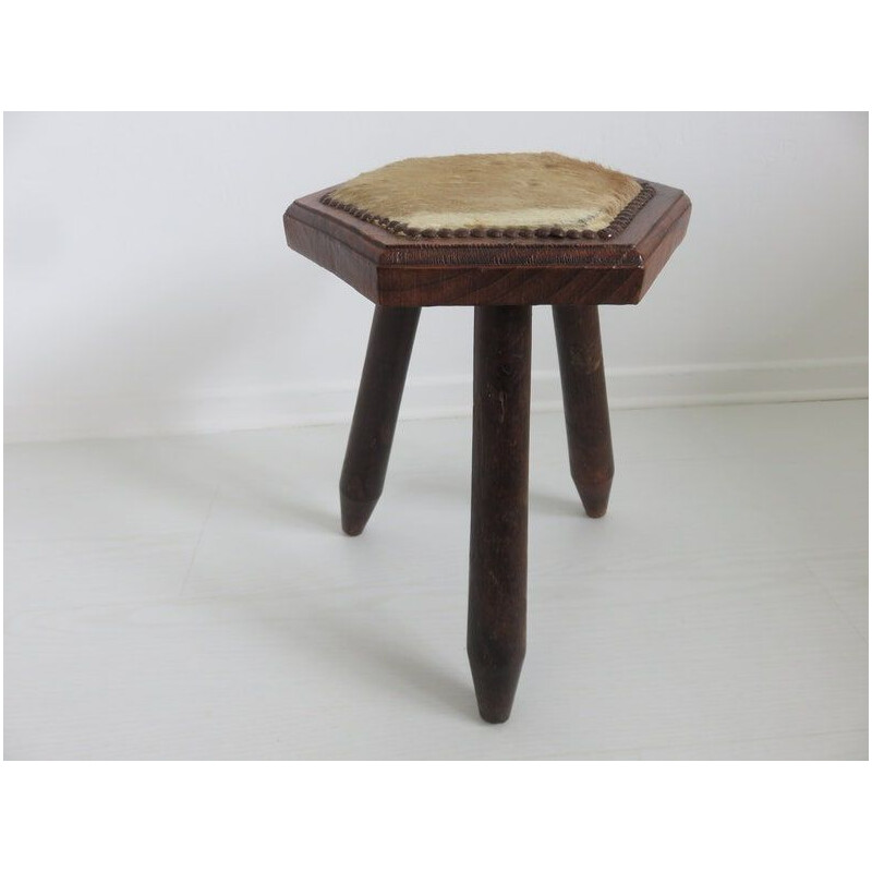 Tabouret tripode vintage en peau de vache, 1960