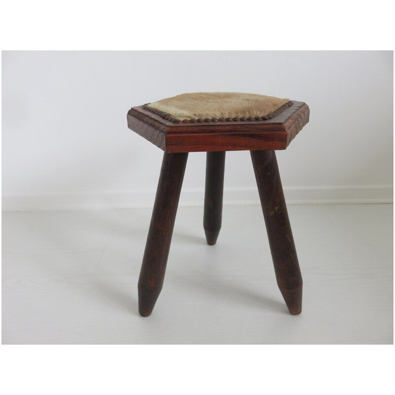 Tabouret tripode vintage en peau de vache, 1960