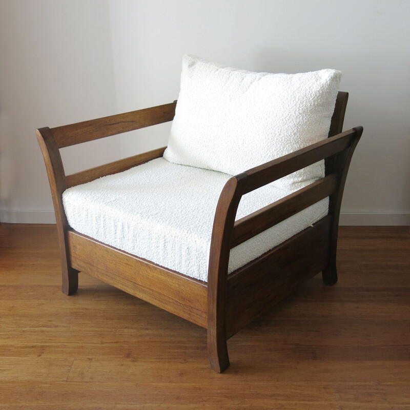 Vintage armchair in bouclette fabric and exotic wood