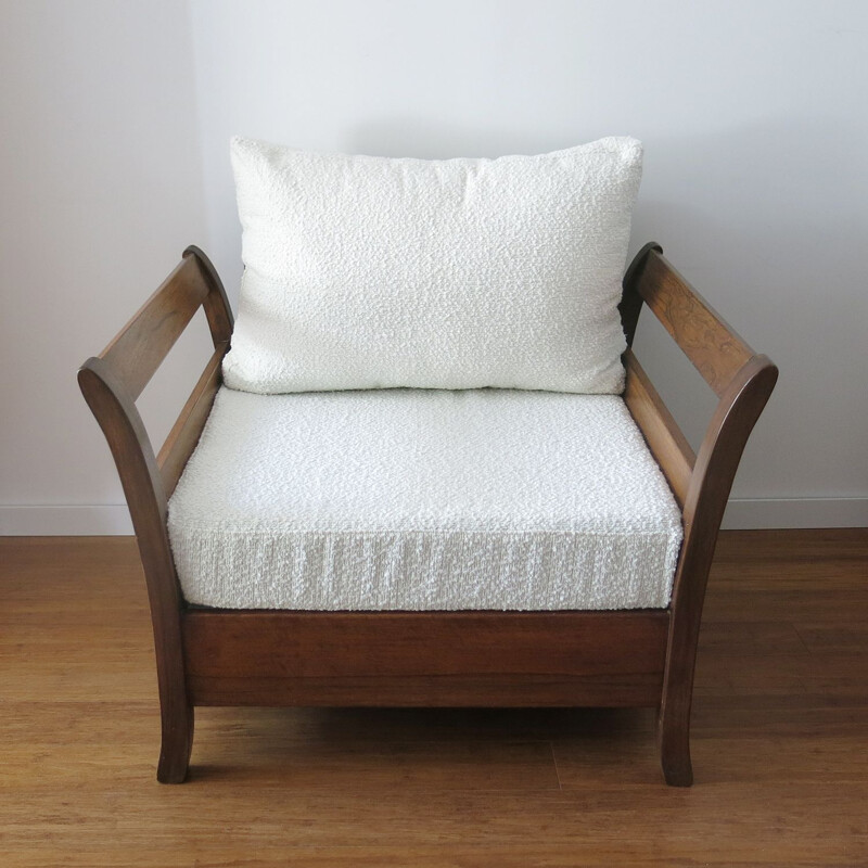 Vintage armchair in bouclette fabric and exotic wood
