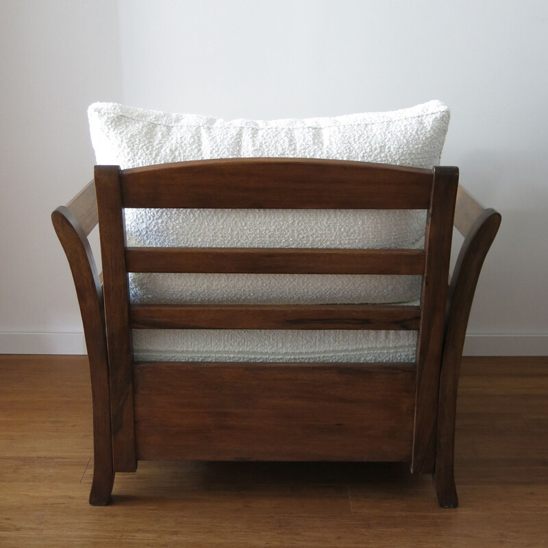 Vintage armchair in bouclette fabric and exotic wood