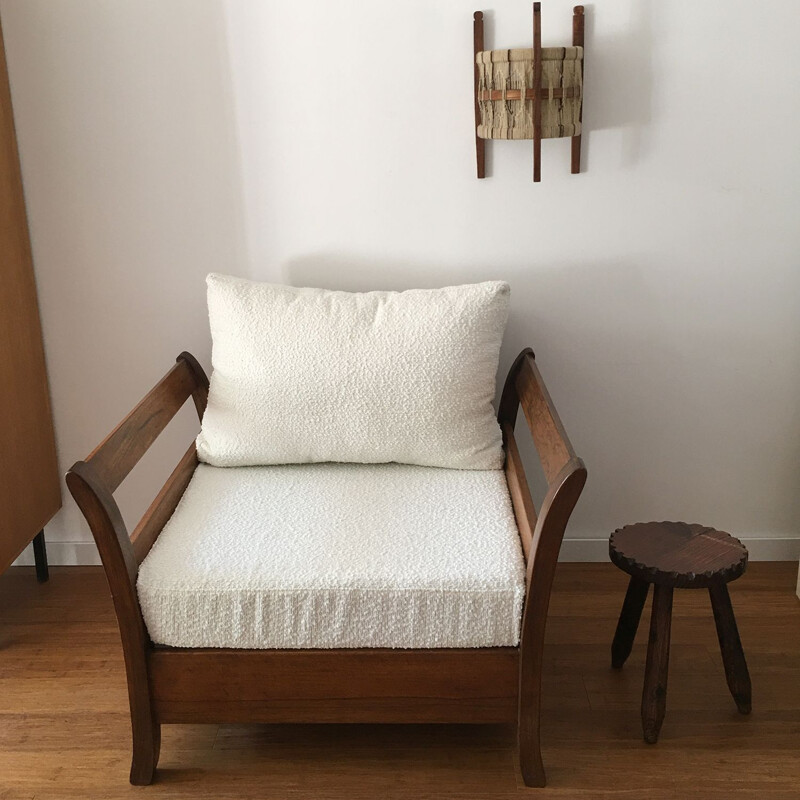 Vintage armchair in bouclette fabric and exotic wood