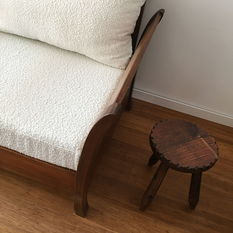 Vintage armchair in bouclette fabric and exotic wood