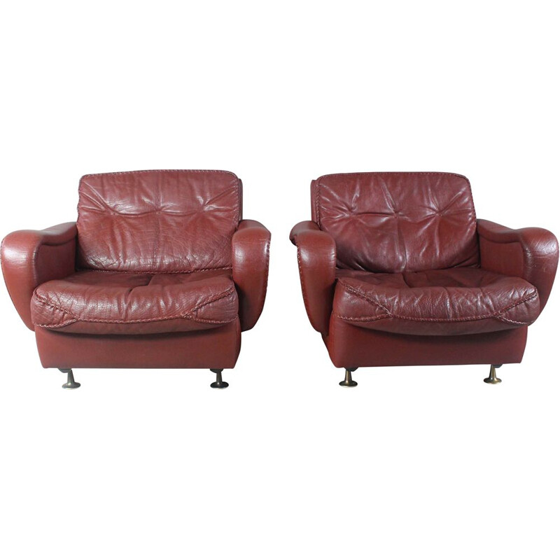 Pair of vintage Danish brown leather armchairs by Madsen & Schubell, 1970s