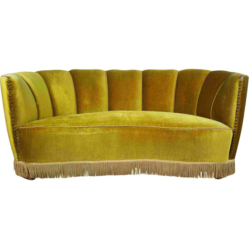 Danish vintage velvet Banana sofa, 1940s