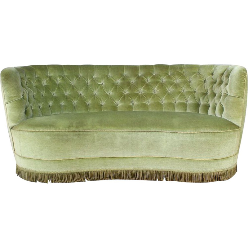 Danish vintage curved green buttoned sofa, 1940s