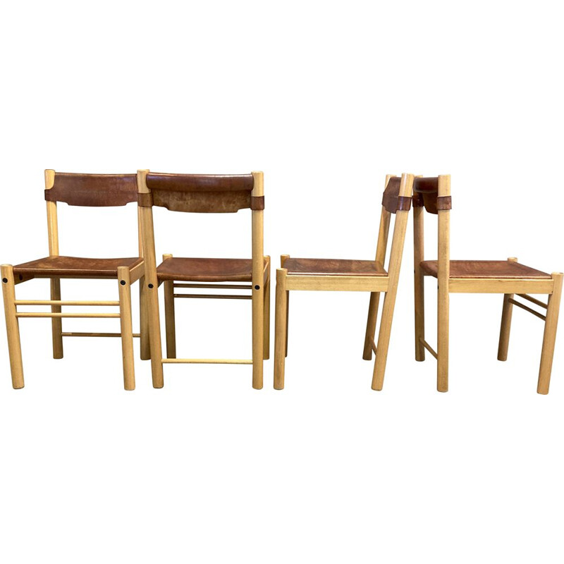 Set of 4 vintage beechwood and leather chairs by Sede for Ibisco, 1960