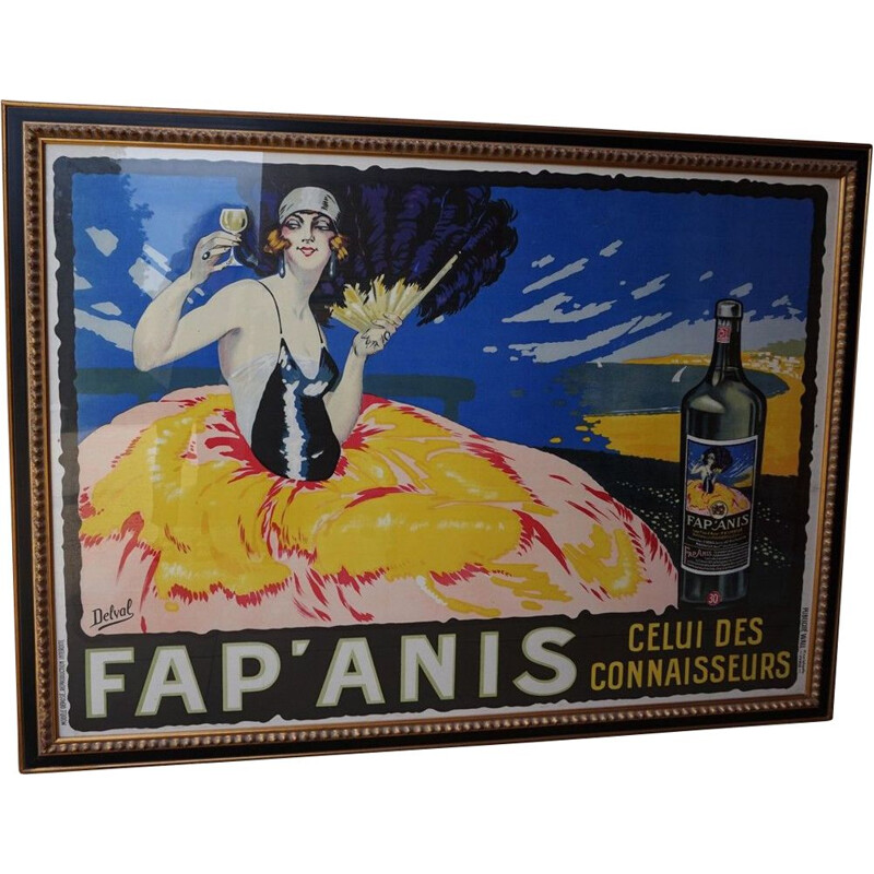 Vintage liquor poster framed in black and gold wood by Robert Delval, France 1920