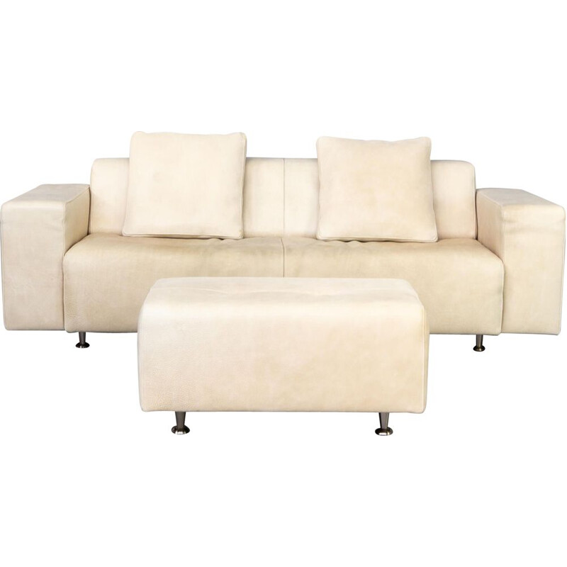 Vintage bull leather cream sofa and hocker for Molinari, Italy 1987