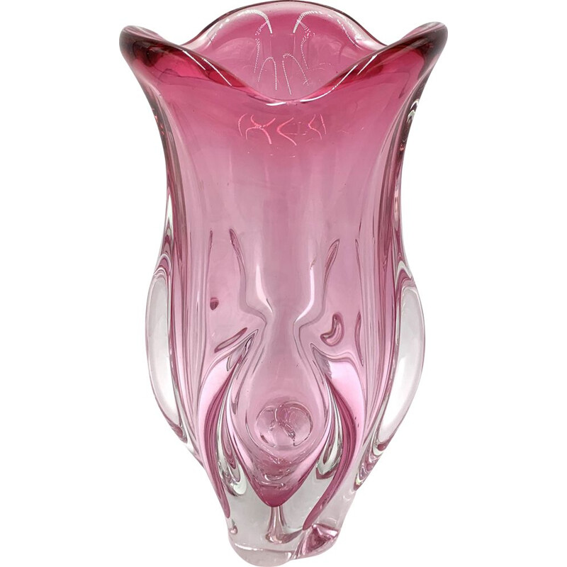 Vintage pink art glass vase by Chribska Sklarna, Czech 1960