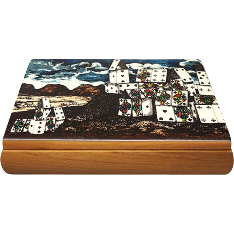 Vintage walnut playing card box by Piero Fornasetti for Dal Negro, Italy 1980