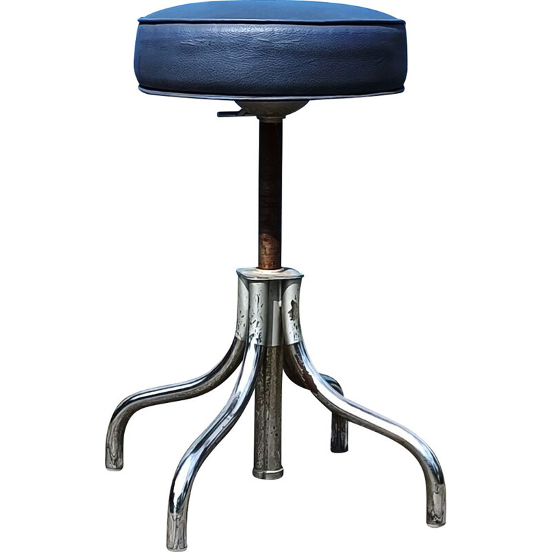 Vintage blue leather swivel workshop stool