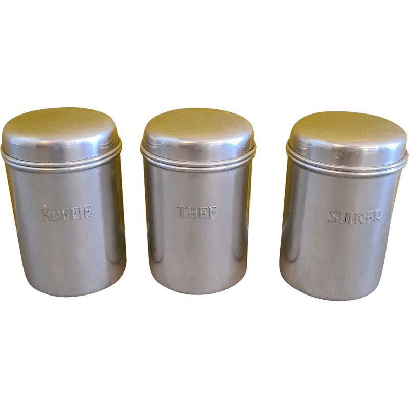 Set of 3 vintage aluminum coffee, tea and sugar supply canisters by Berk, 1950s