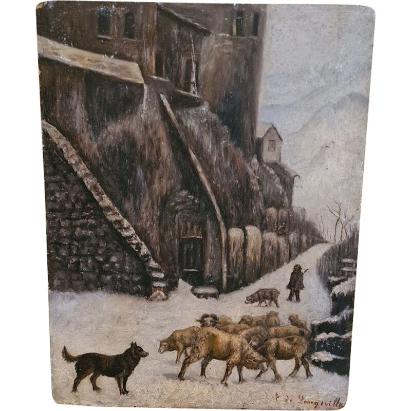 Vintage painting of a sheep herder, France