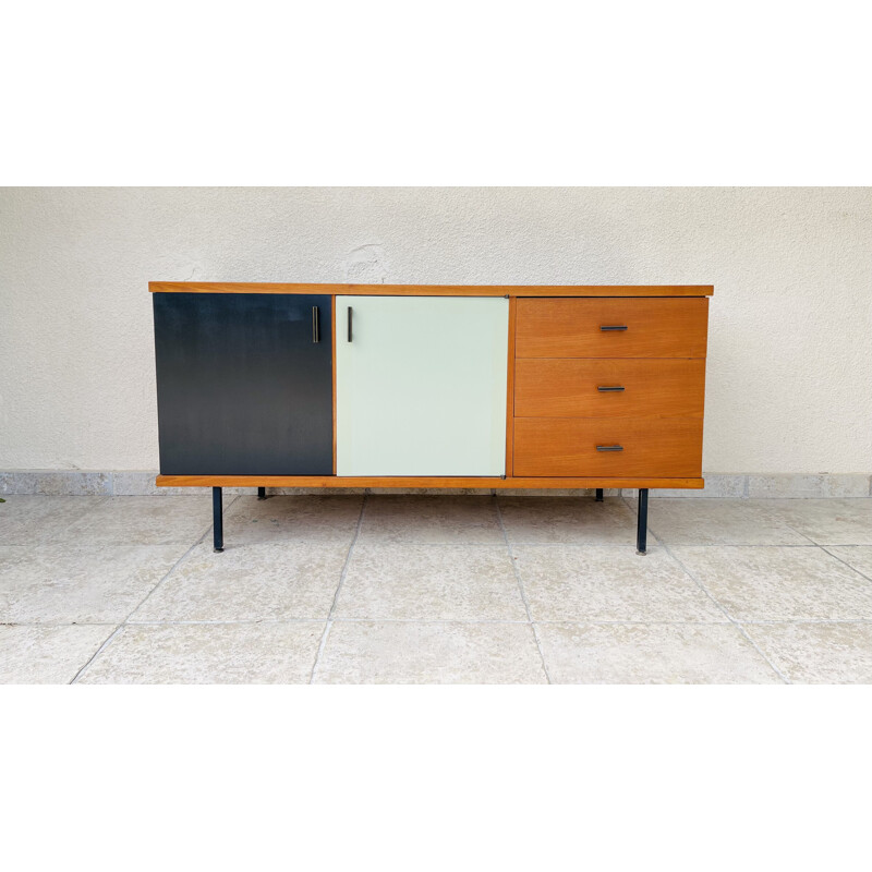 Vintage teak sideboard with two black and white doors, 1960