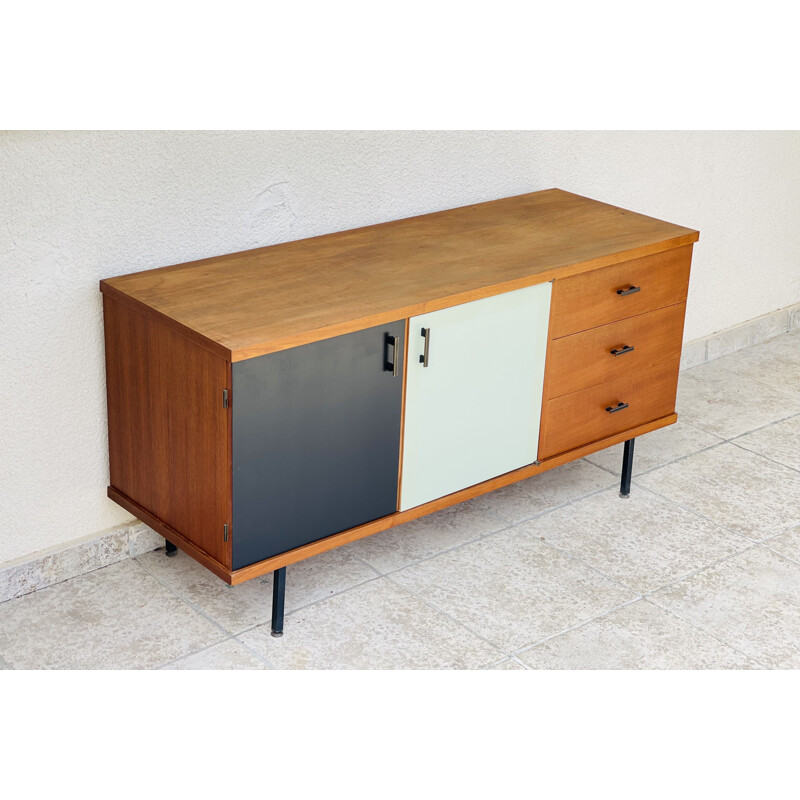 Vintage teak sideboard with two black and white doors, 1960