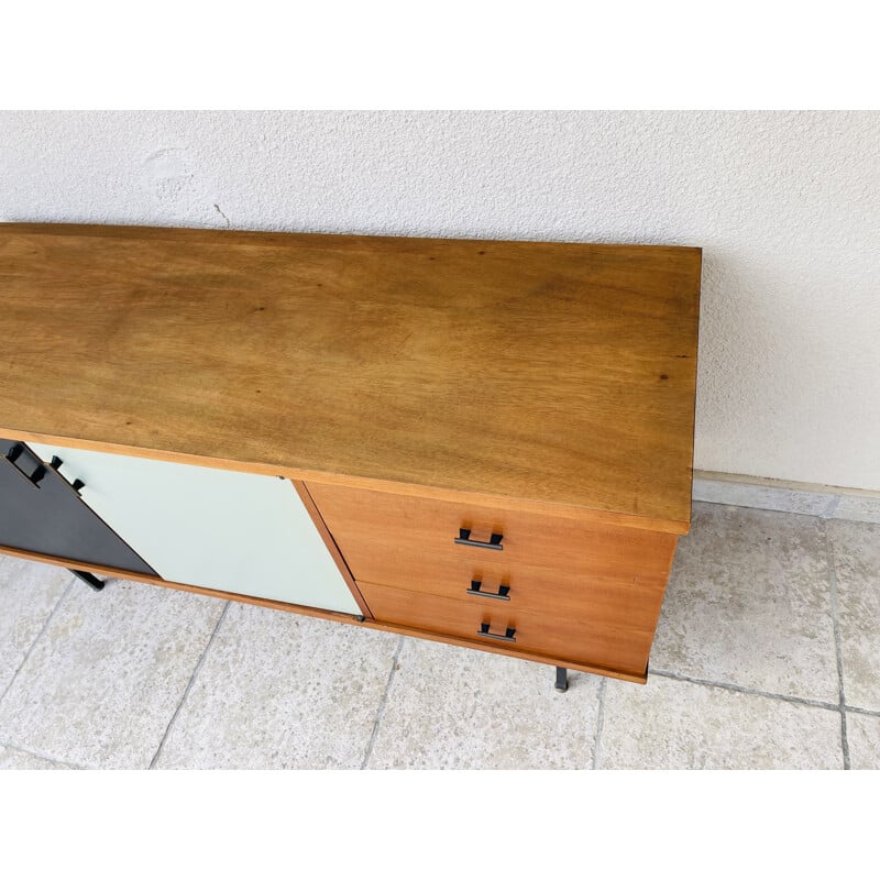 Vintage teak sideboard with two black and white doors, 1960