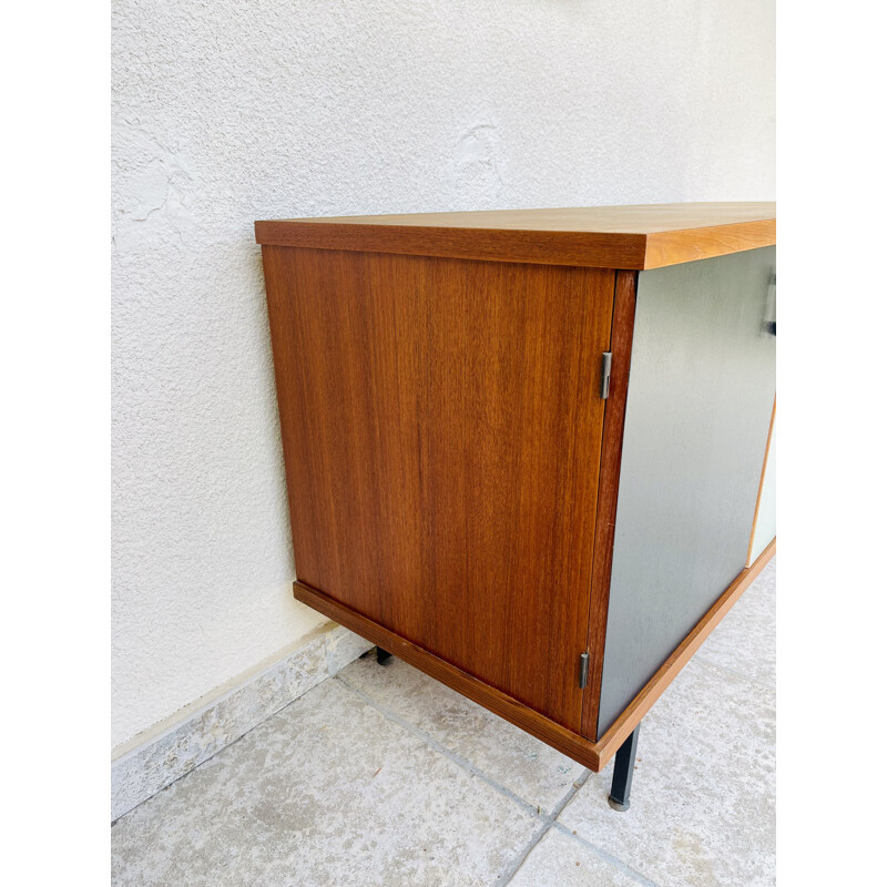 Vintage teak sideboard with two black and white doors, 1960