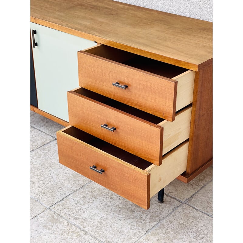 Vintage teak sideboard with two black and white doors, 1960