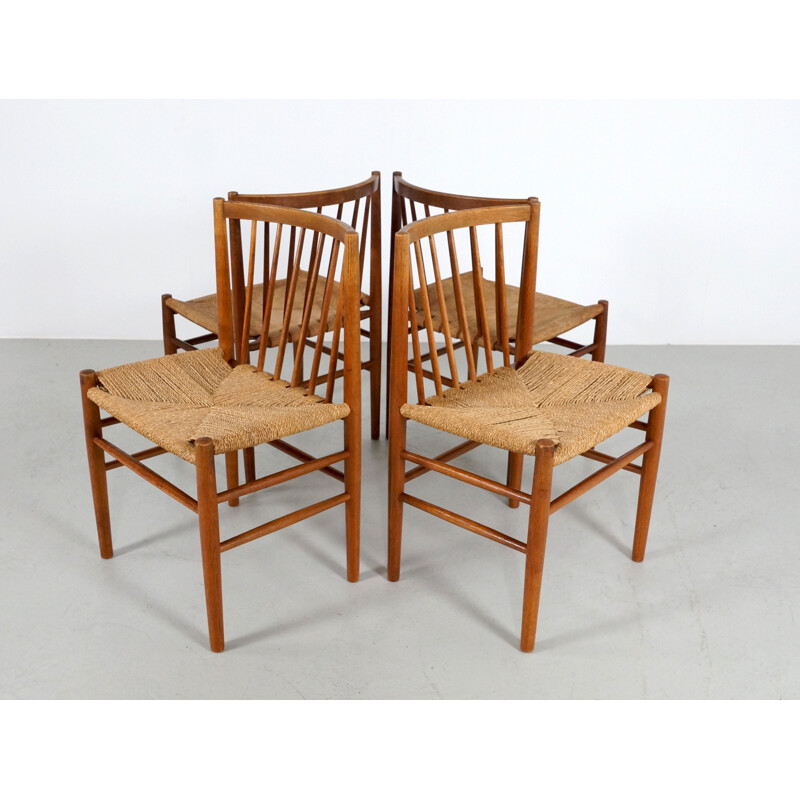 Set of 4 FDB Møbler chairs in oak and papercord, Jørgen BAEKMARK - 1950s