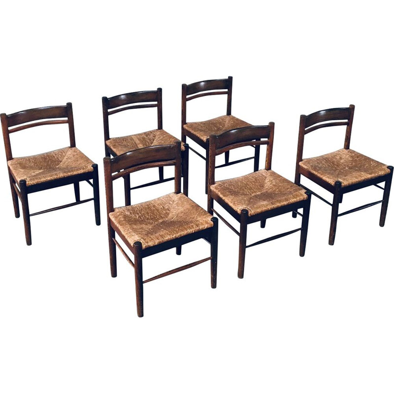 Set of 6 mid century wengé & paper cord dining chairs, Belgium 1960s