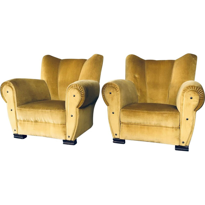 Pair of vintage Art Deco gold velvet armchairs, Belgium 1930s