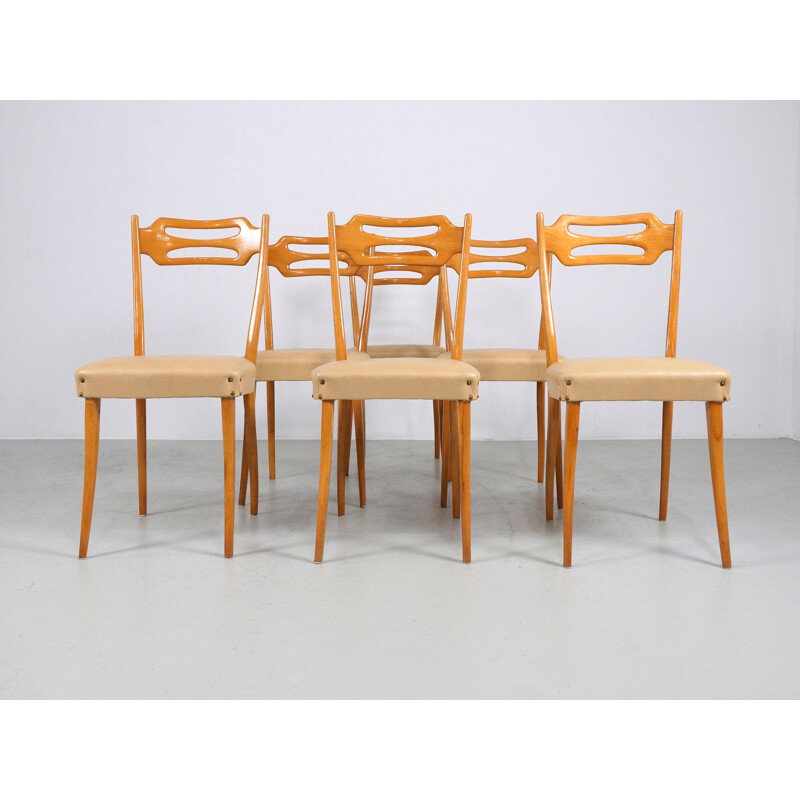 Ensemble de 6 chaises italiennes en érable et simili cuir beige - 1950