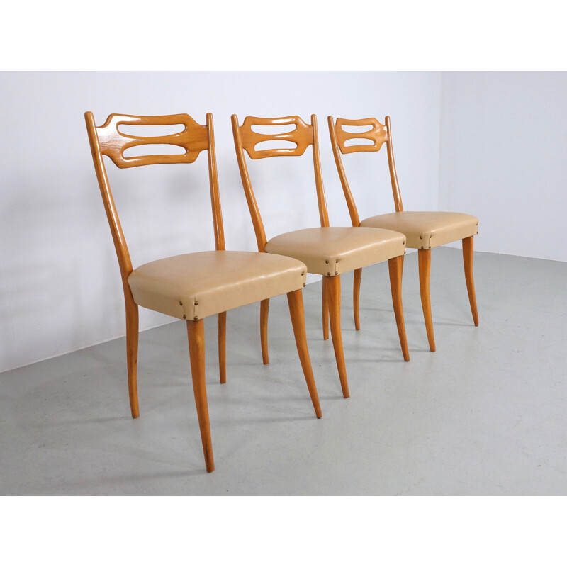 Set of 6 Italian dining chairs in maple and beige leatherette - 1950s 