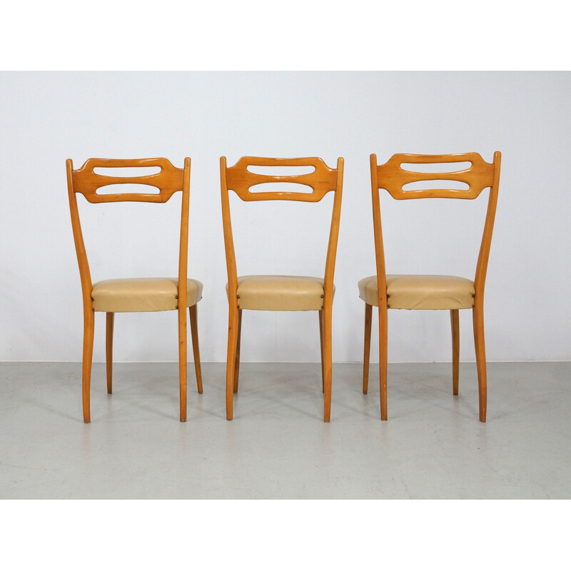 Satz von 6 italienischen Stühlen aus Ahorn und beigem Kunstleder - 1950