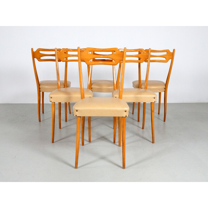 Ensemble de 6 chaises italiennes en érable et simili cuir beige - 1950