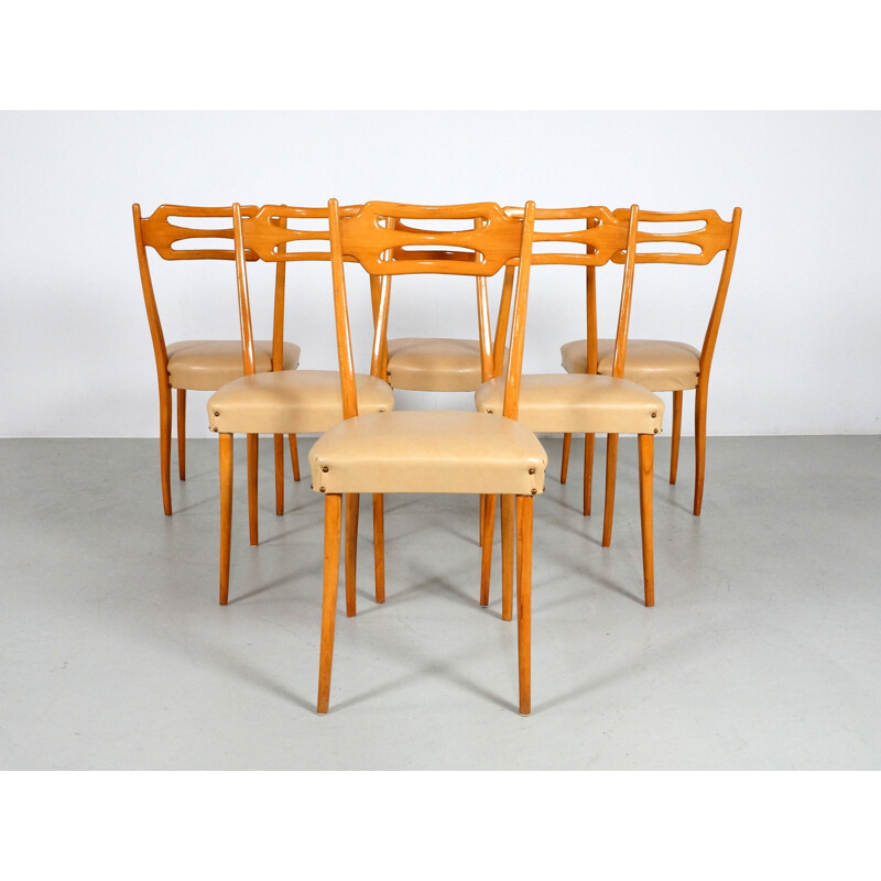 Set van 6 Italiaanse esdoorn en beige kunstlederen stoelen - 1950