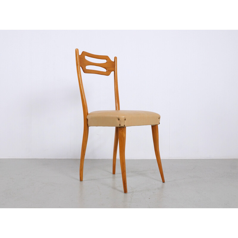 Satz von 6 italienischen Stühlen aus Ahorn und beigem Kunstleder - 1950