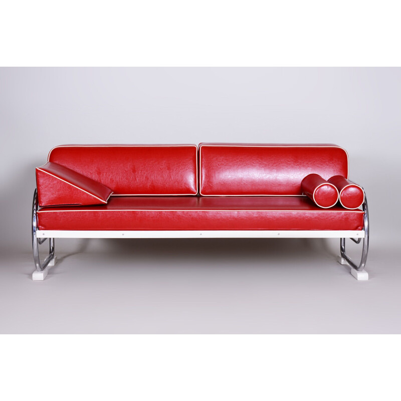 Vintage cherry red leather armchair by Slezak Factories, 1930s