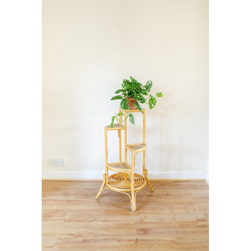 Vintage spiral plant holder with 4 bamboo pots, 1970