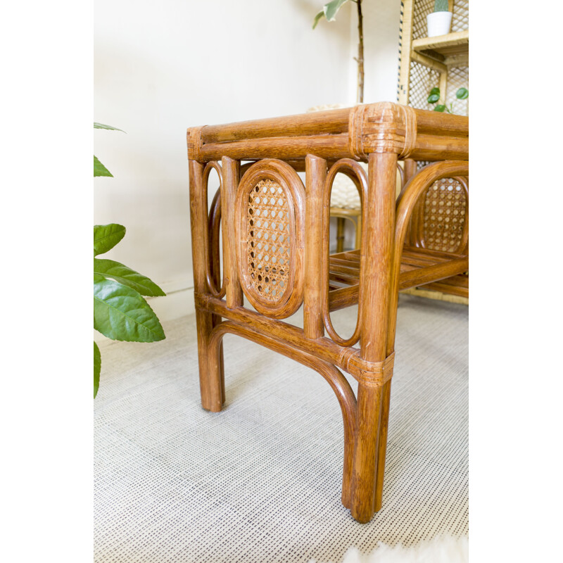 Vintage coffee table in rattan and glass, 1970