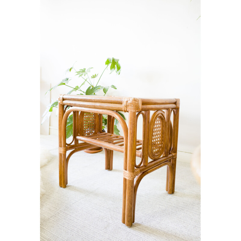 Vintage coffee table in rattan and glass, 1970