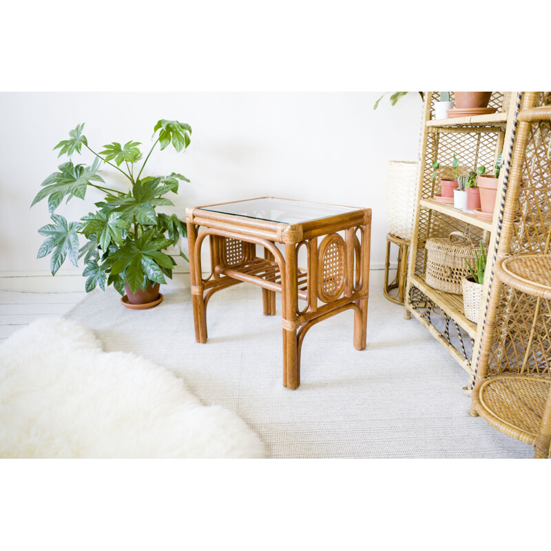 Table basse vintage en rotin et verre, 1970