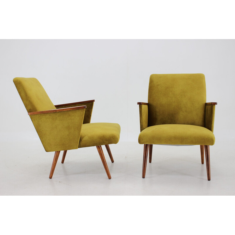 Pair of vintage armchairs in mustard color fabric, Czech 1960