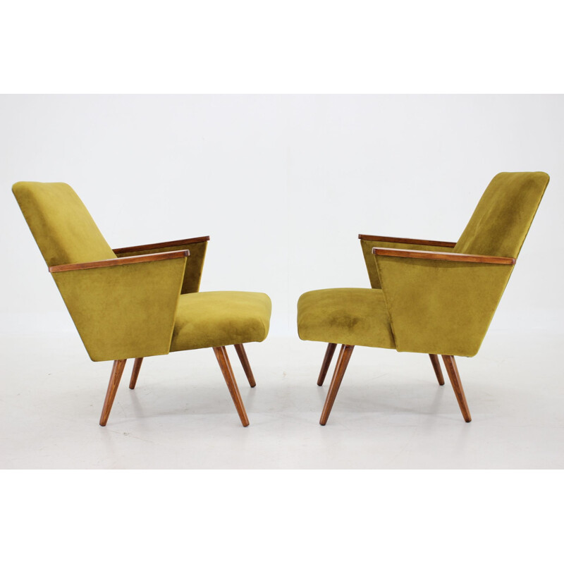 Pair of vintage armchairs in mustard color fabric, Czech 1960