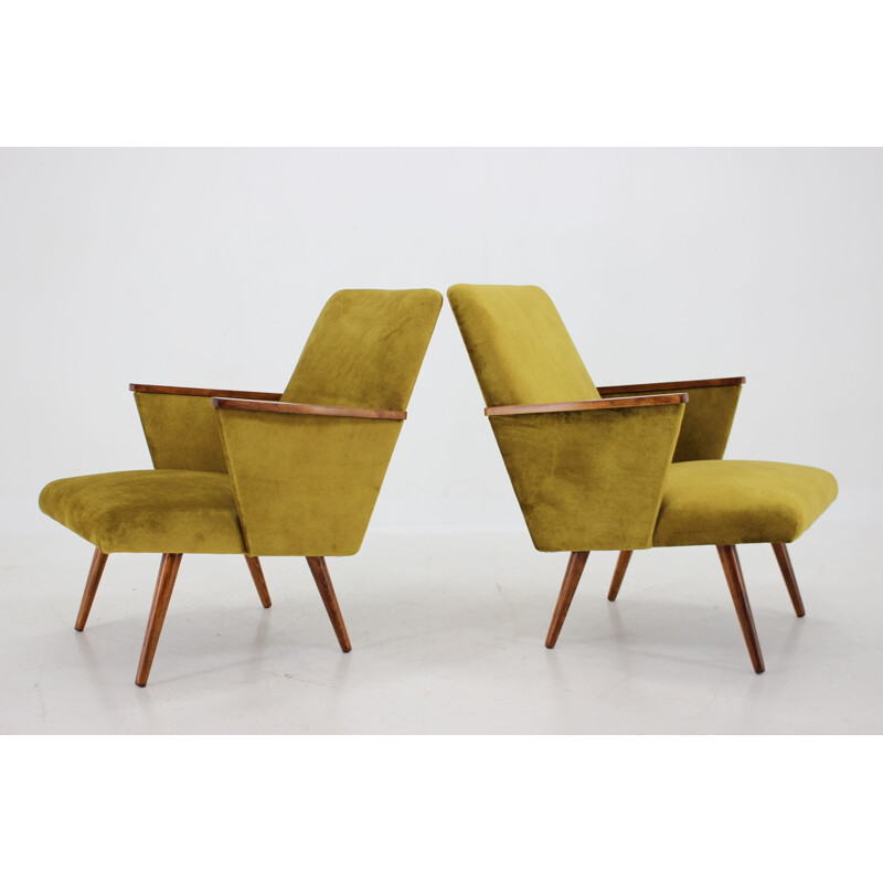 Pair of vintage armchairs in mustard color fabric, Czech 1960