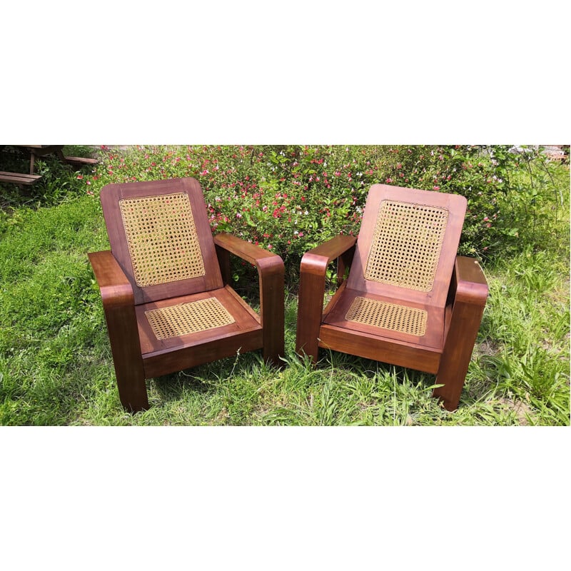 Pair of vintage armchairs in rosewood and cane, 1950