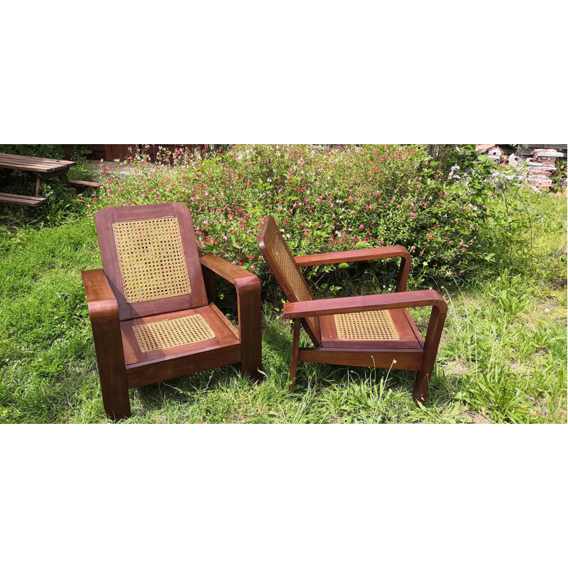 Paar vintage rozenhout en rieten fauteuils, 1950
