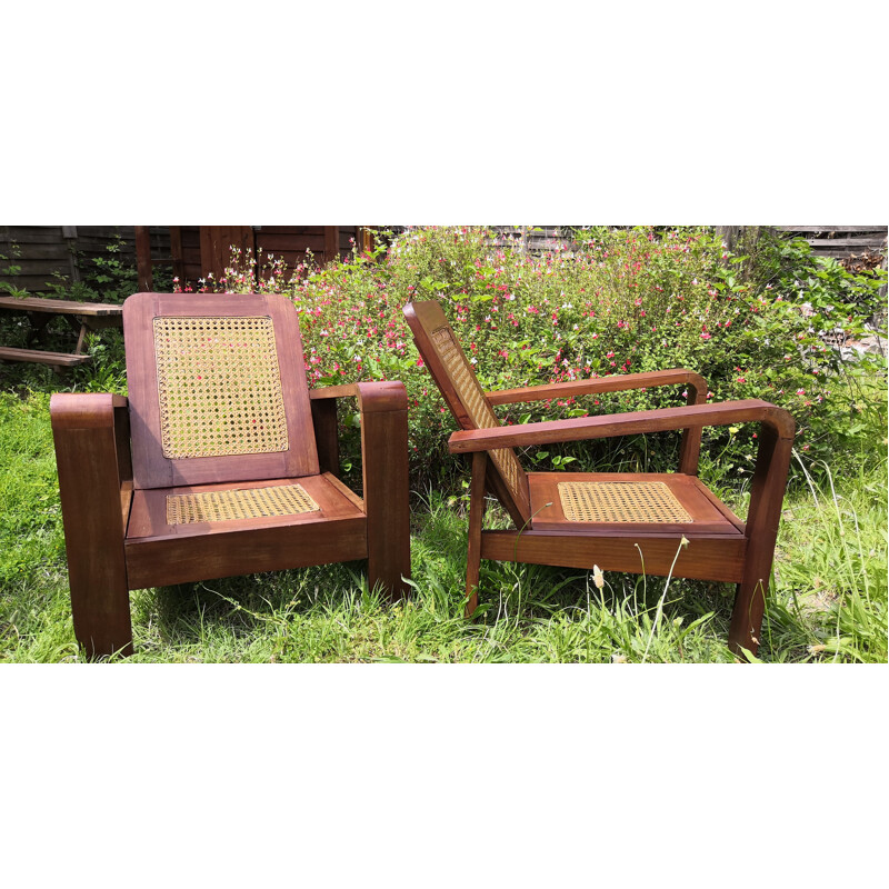 Pair of vintage armchairs in rosewood and cane, 1950