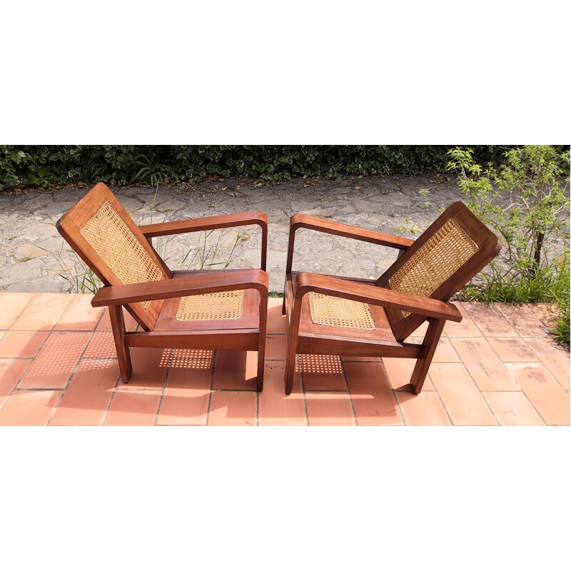 Pair of vintage armchairs in rosewood and cane, 1950